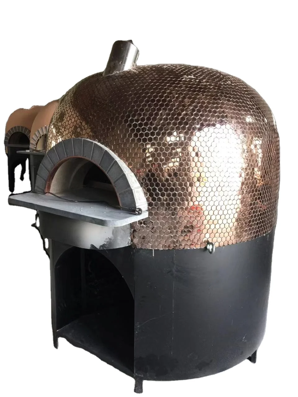 European large 16 inch commercial round black mosaic gas fired lava brick pizza making oven for professional pizzas.