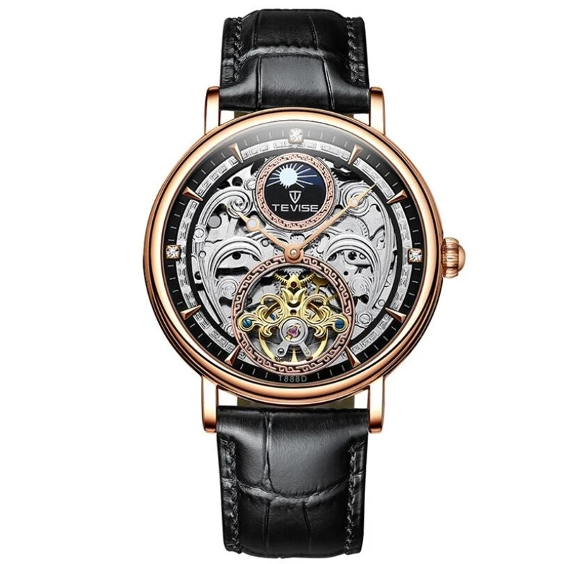 Новое поступление, черные мужские часы TEVISE T888D с механизмом, креативный ремешок из искусственной кожи, водонепроницаемые деловые наручные часы с автоматическим рисунком