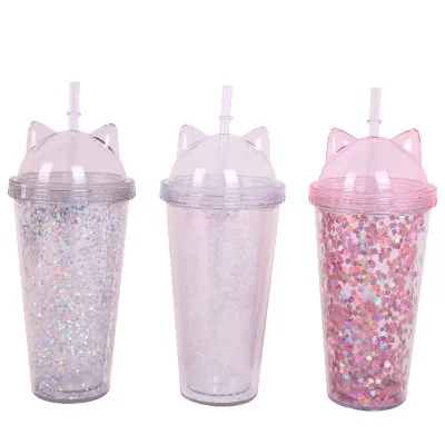 Promotional Korean Double Wall Customised Cute Flip Straw Fruit Plastic Drinking Glitter Water Bottle Wine Cup