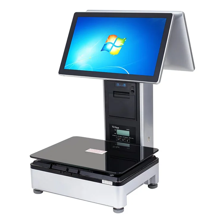 ai All-in-one pos dual touch screen scale 15kg 30kgs electronic weighting scale with built-in thermal printer for supermarket
