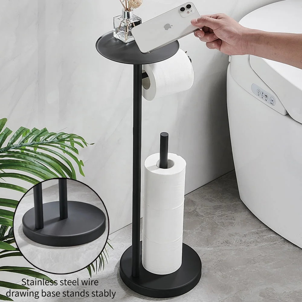 Black Gold Metal Floor Standing Toilet Paper Tower Holder With Phone Shelf Tissue Roll Dispenser Stand With Weighted Base