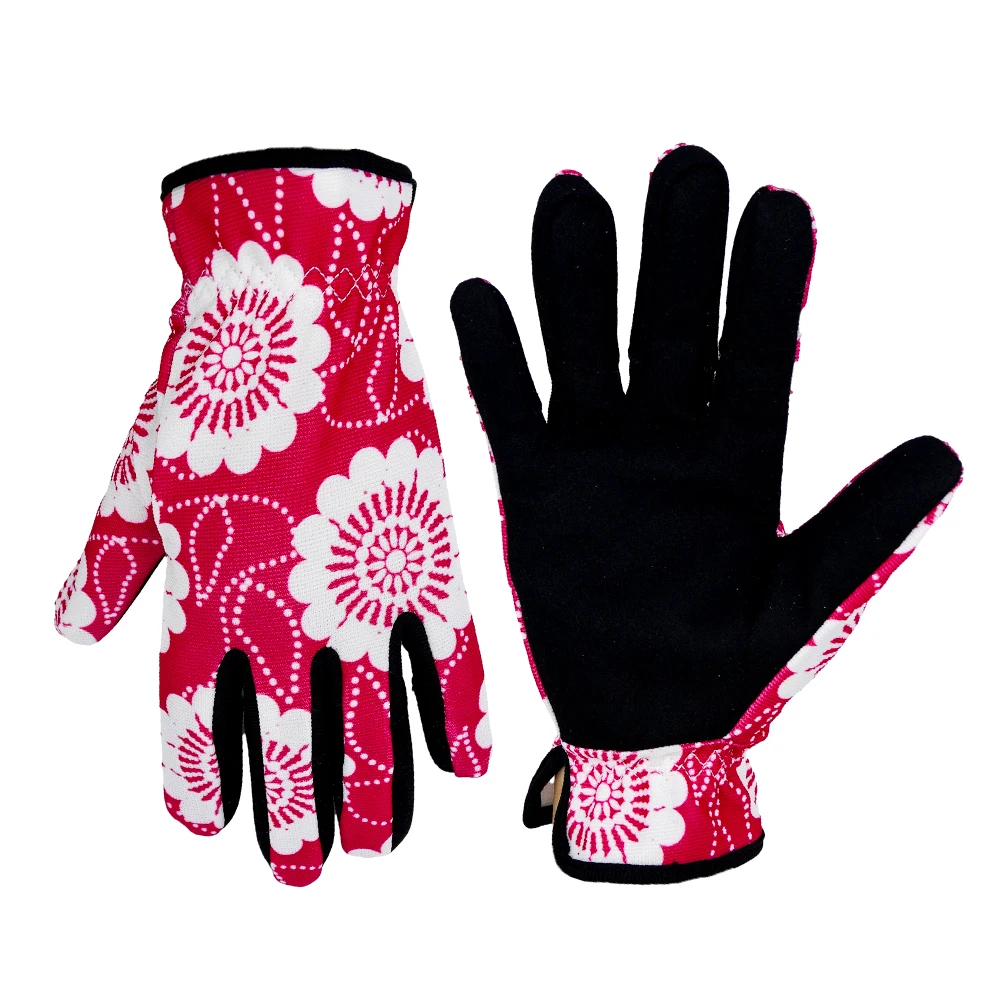 Tool gardening gloves cow Leather  with  palm, Fashion flower print breathable stretch spandex back gloves