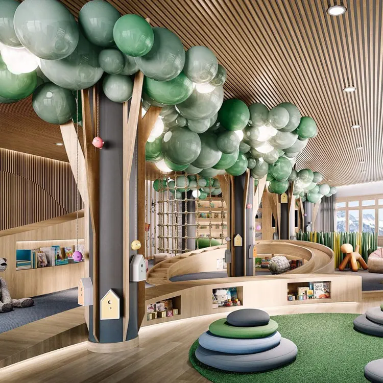 Woods forest theme fun children amusement park party commercial rental kid climbing blocks ninja course wooden indoor playground