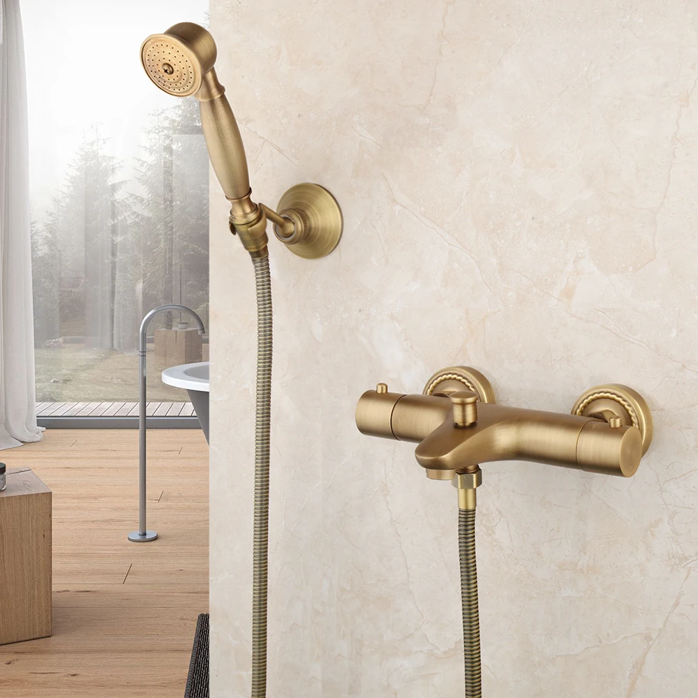JIENI Thermostatic Antique Brass Bathroom Bath Tub Mixer Taps Faucet Hand Shower Set
