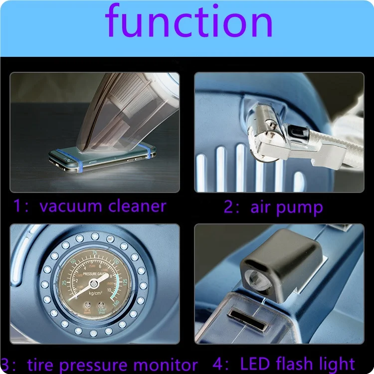 4-in-1 Tire Pressure Gauge Inflatable Pump Multifunction Car Vacuum Cleanr Air Pump Car Dry and Wet 12V Dust Collector