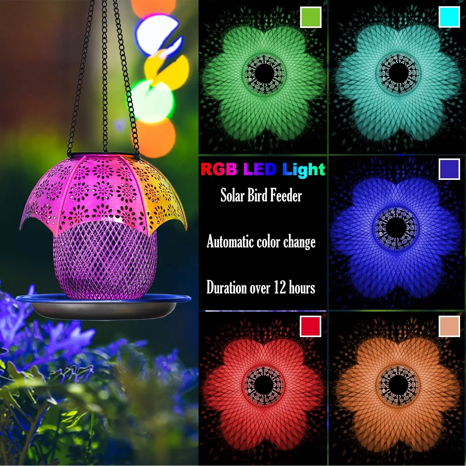 Oniya Seed Large Capacity Automatic Color Changing LED Lights Bird Lovers Metal Wild Bird Feeders Retractable 6.2 LB Custom Iron