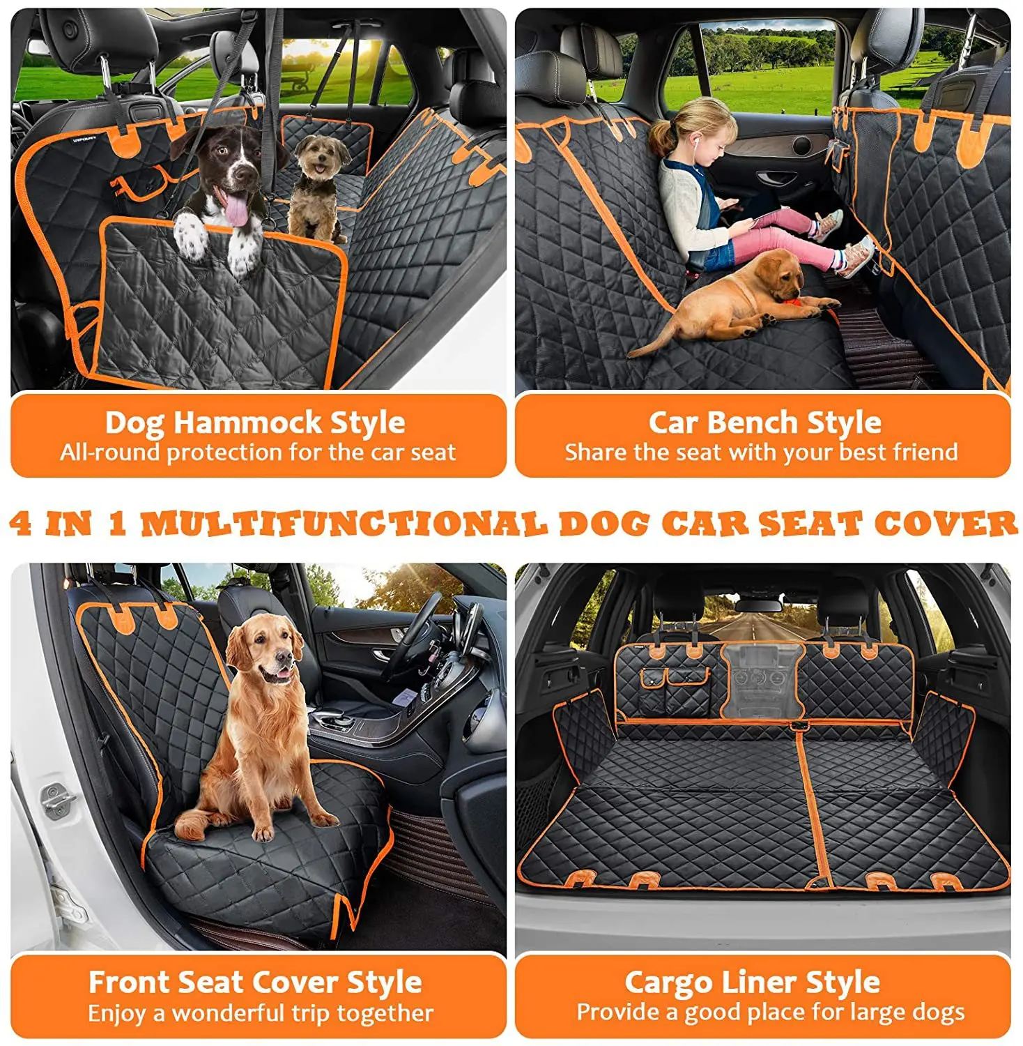3-in-1 Convertible Dog Car Seat Cover 100% Waterproof Dog Seat Cover Nonslip Dog Hammock 600D Heavy Scratchproof Pet Seat Cover