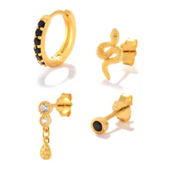 QLEESI Women Jewelry S925 Sterling Silver White Black Diamond Snake Shape Hoop Stud Earrings Set