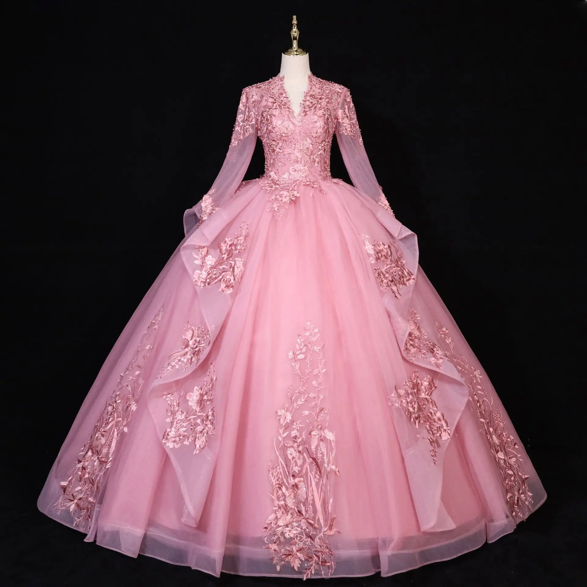 2022 new bride pink blue gold stand collar long sleeves Costumes dream luxury Princess tutu ball gown Wedding dress