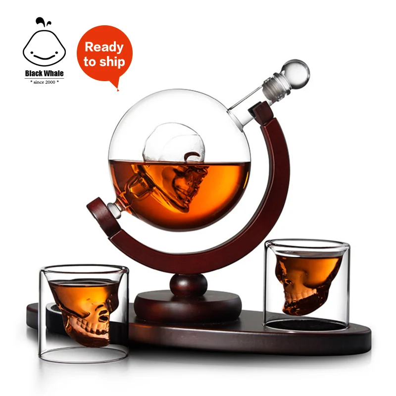 Glass Globe whiskey sku Decanter set with 2 Shot Glasses and wooden base for whiskey vodka liquor sku whiskey glasses