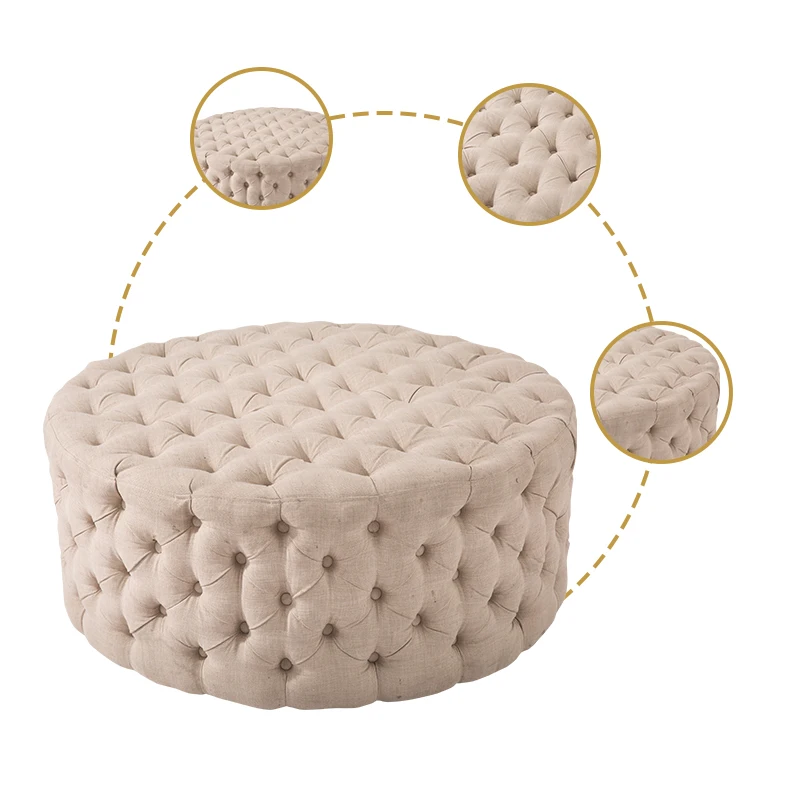 Home Furniture Luxury Velvet Tufted Upholstered Ottoman Hotel Shop Round Bench Fabric Seat Foot Stool
