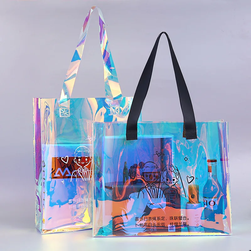 Holographic laser PVC bag 0.3mm thick material with black webbing, personalized custom logo, low minimum order quantity
