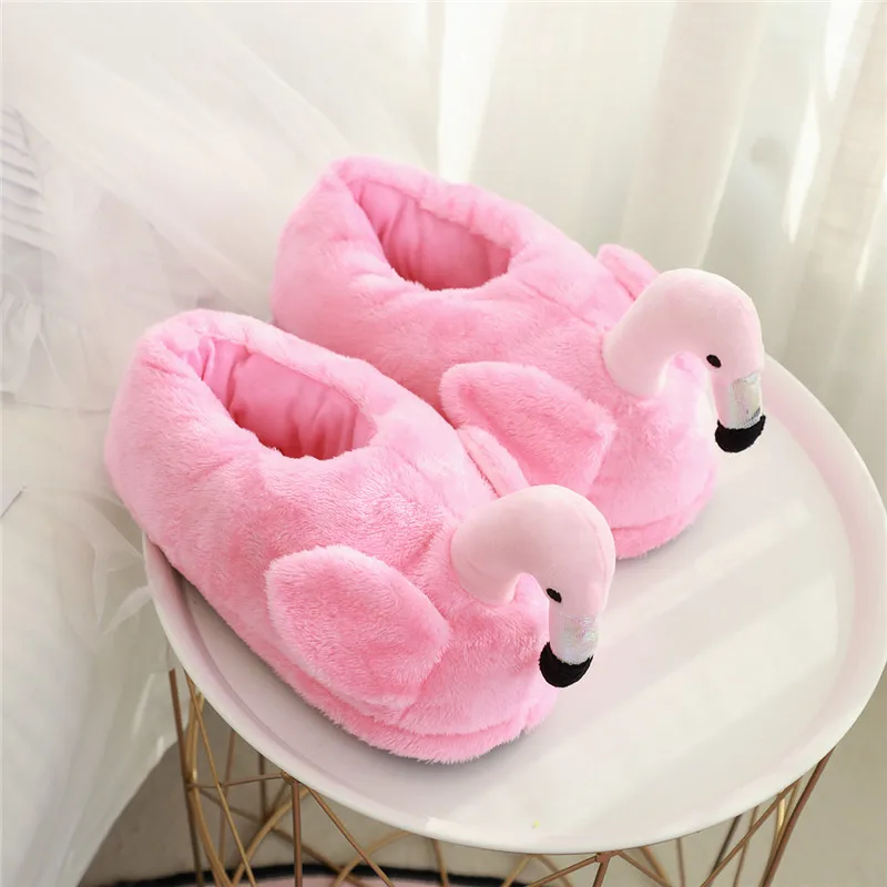Pink Flamingos Plush Slippers Women Men Cotton Winter Home Animal Slippers