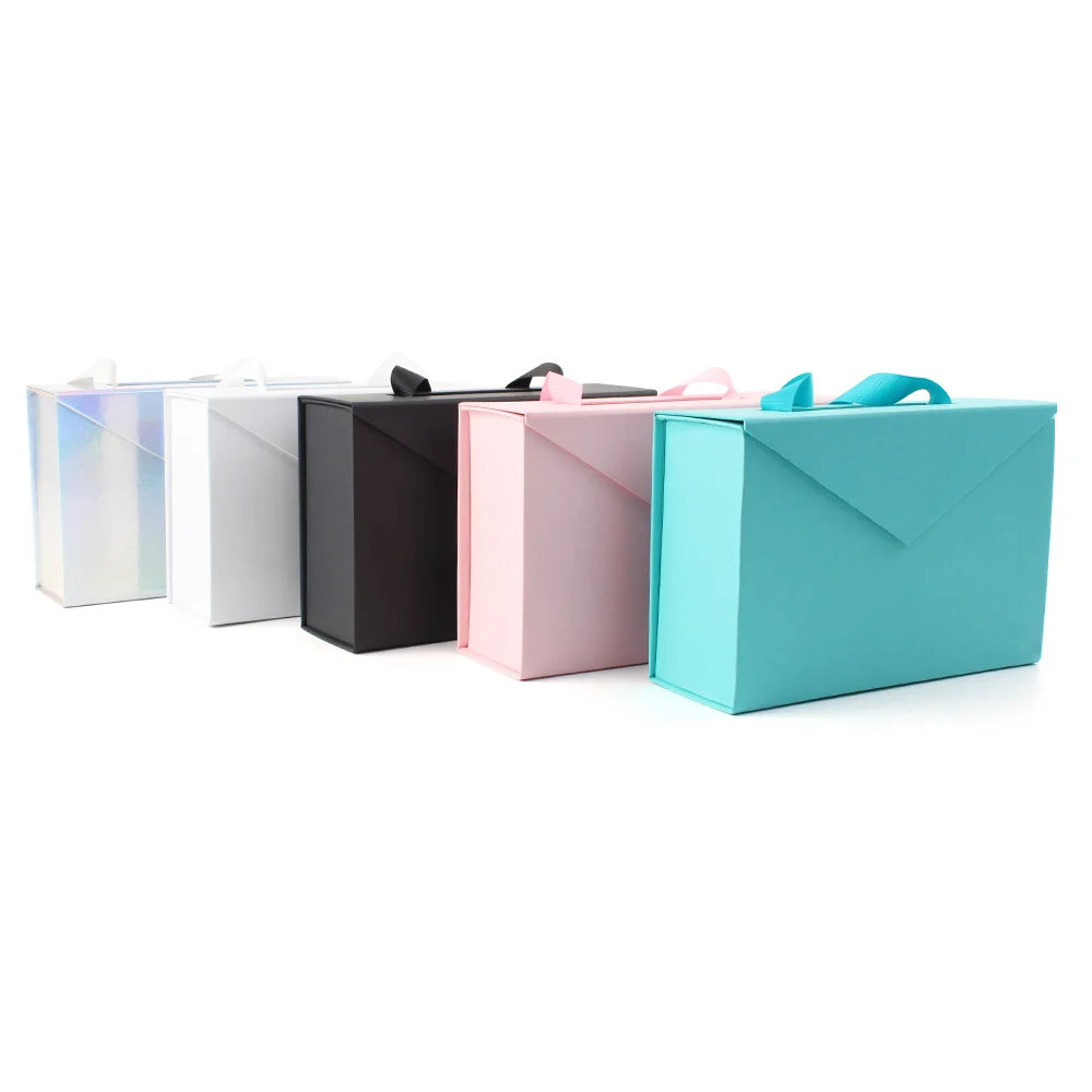 RTS ribbon handle pink rigid paper cardboard packaging magnetic folding  paper mothers day wedding magnetic luxury gift box