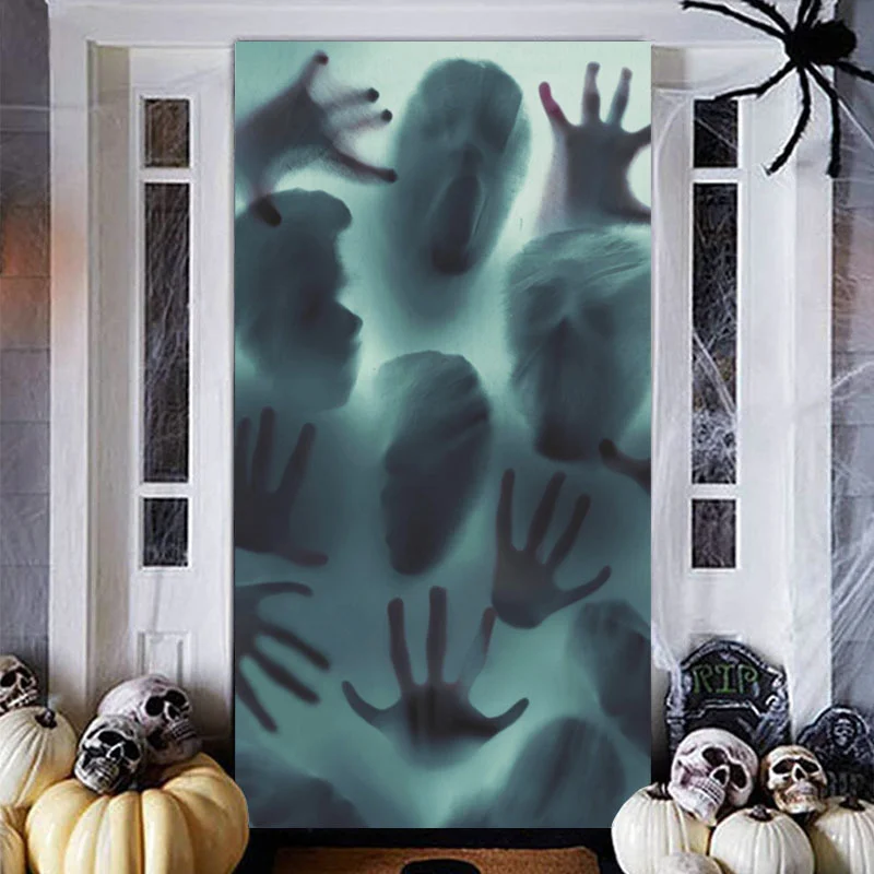 Large Halloween Party Decorations Canvas Door Covers with Scary Hazy Character Blood Handprints Eco-Friendly Halloween Curtains
