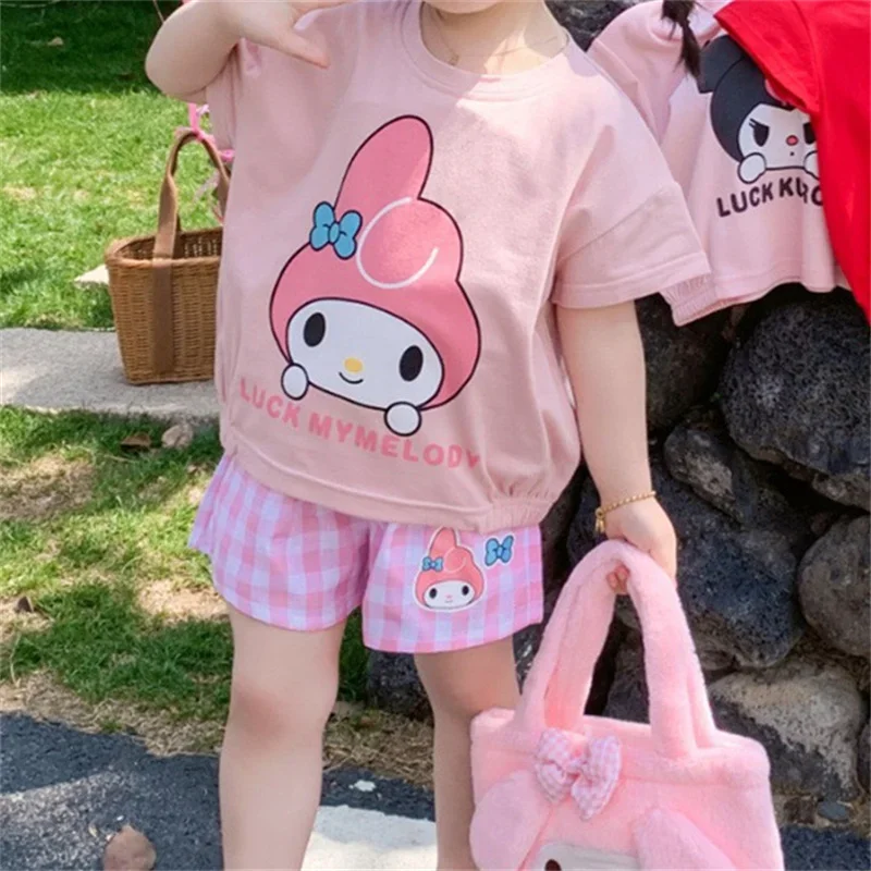 Kawaii Sanrioss Summer Kids Set Kuromi Cinnamoroll KT My Melody Anime Nightgown T-Shirt Shorts Sexy Bikini Panties for Children