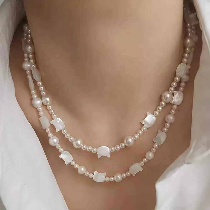 Super Cute Natrual Mop Cat Shell  Pearl Beads Necklace Summer Beach Wedding Holidays Jewelry Gift Aloha Jewelry