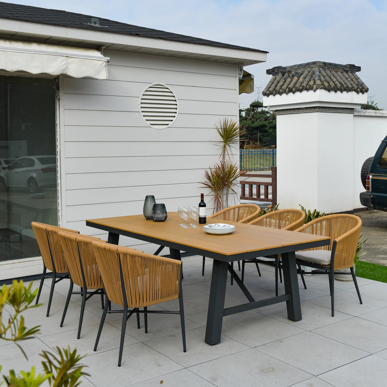 Luxury Big Size 240x110cm Long Dinning Table Chair Outdoor Patio Garden Wedding Furniture Set All Aluminum Teak Grain Waterproof