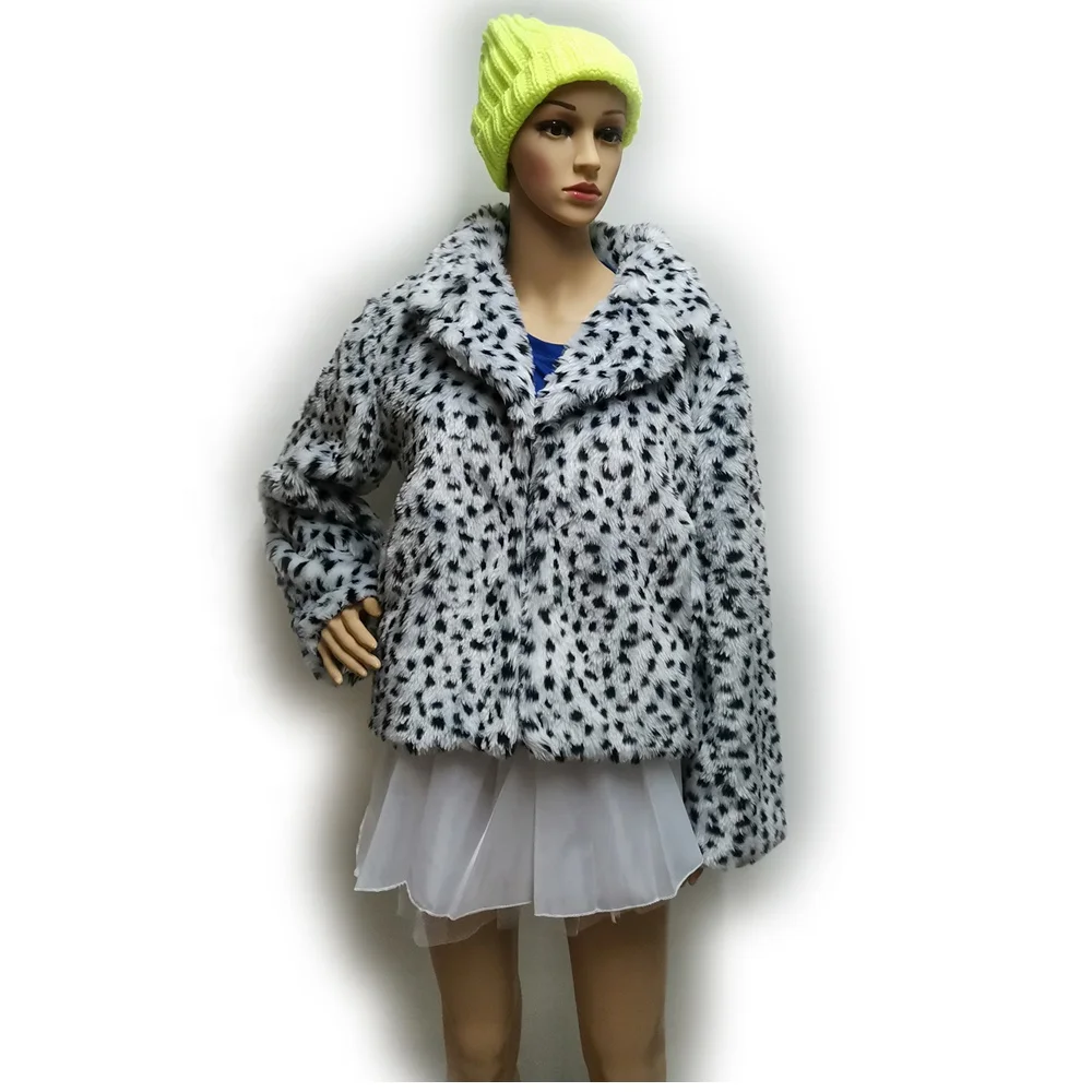 Black white dots coat dalmatian pattern faux fur coat, soft plush imitation fur jacket carnival party overcoat