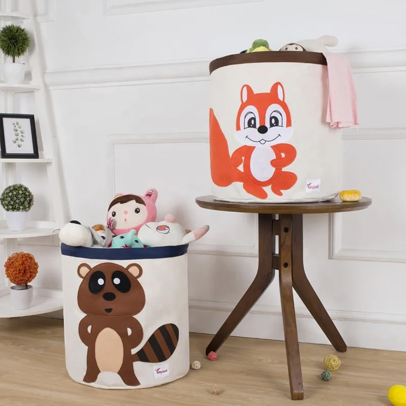 Wholesale Collapsible Multifunctional Cartoon Cute Dirty Clothes Basket Waterproof Layer Canvas Storage Round Bucket