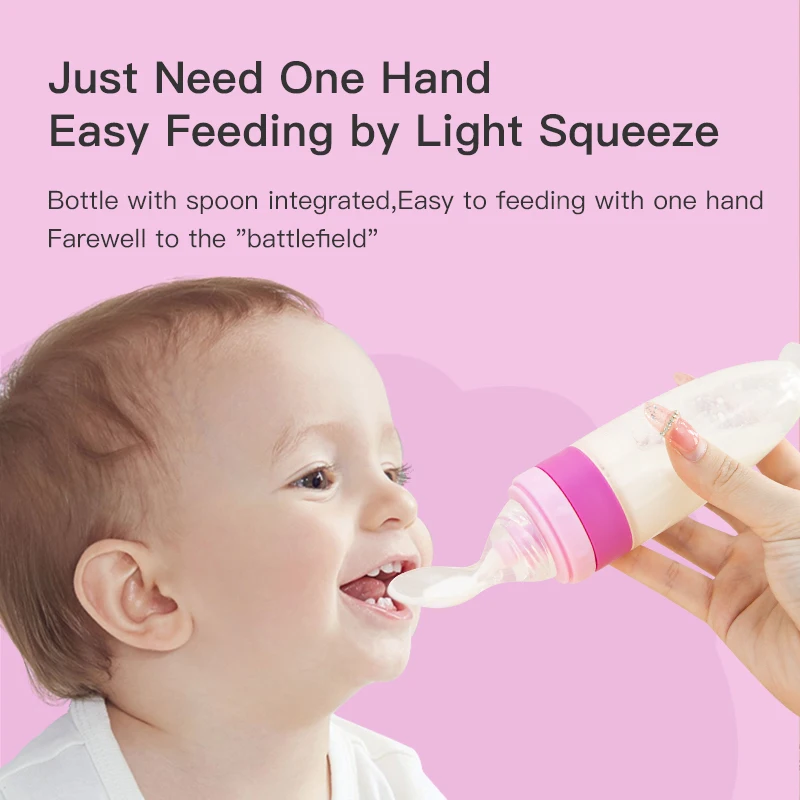 90ml BPA Free Infant Baby Rice Paste Fruit Vegetable Full Silicone Squeeze Bottle Spoon Feeder