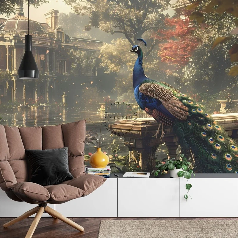 Retro chinese landscape peacock mural wallpaper home decoration