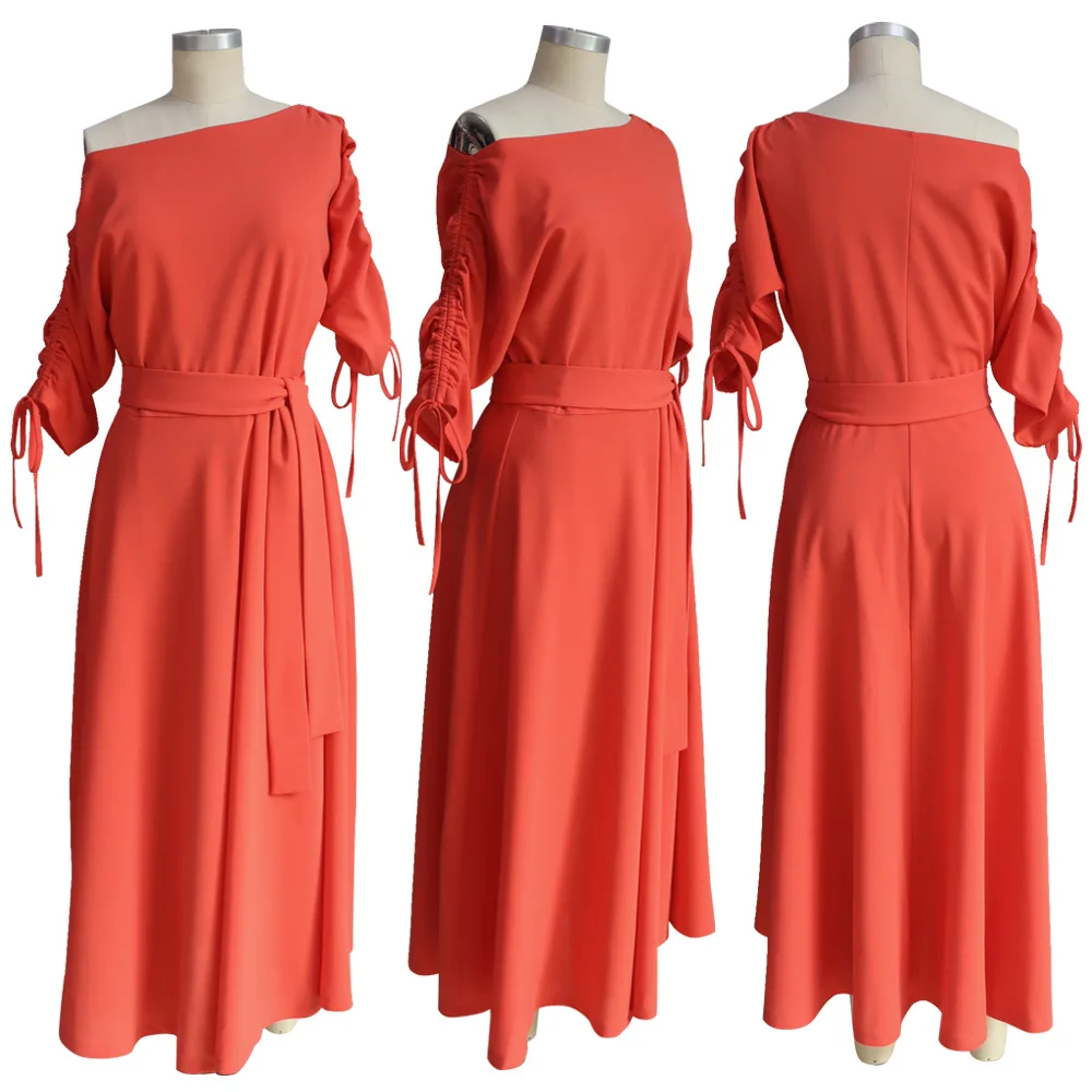 Orange Pleated Bare Shoulder Waist Belt Long A Line Lady Casual Dress