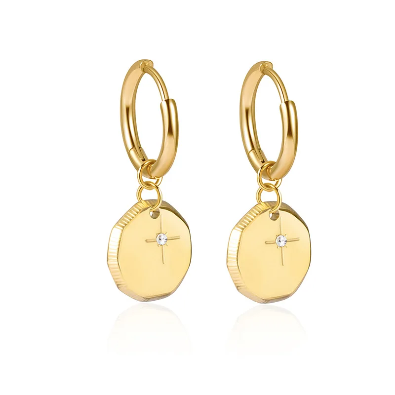 Duyizhao INSSimple Designer Jewelry Gold Plated High Polished CZ Cubic Zircon Titanium Coin Pendant Drop Earrings For Women
