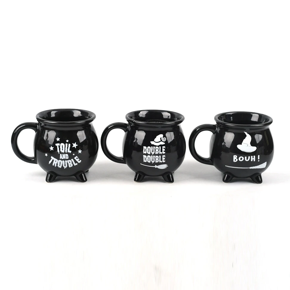Promotional custom logo printed witch brew cauldron cup black ceramic tea coffee mug