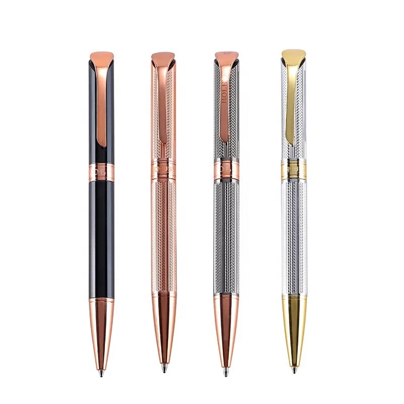 Luxury Pen Laser Cutting Rose Gold Silver Metal Ballpoint Pen Custom Engraved Logo On Clip and Middle Ring