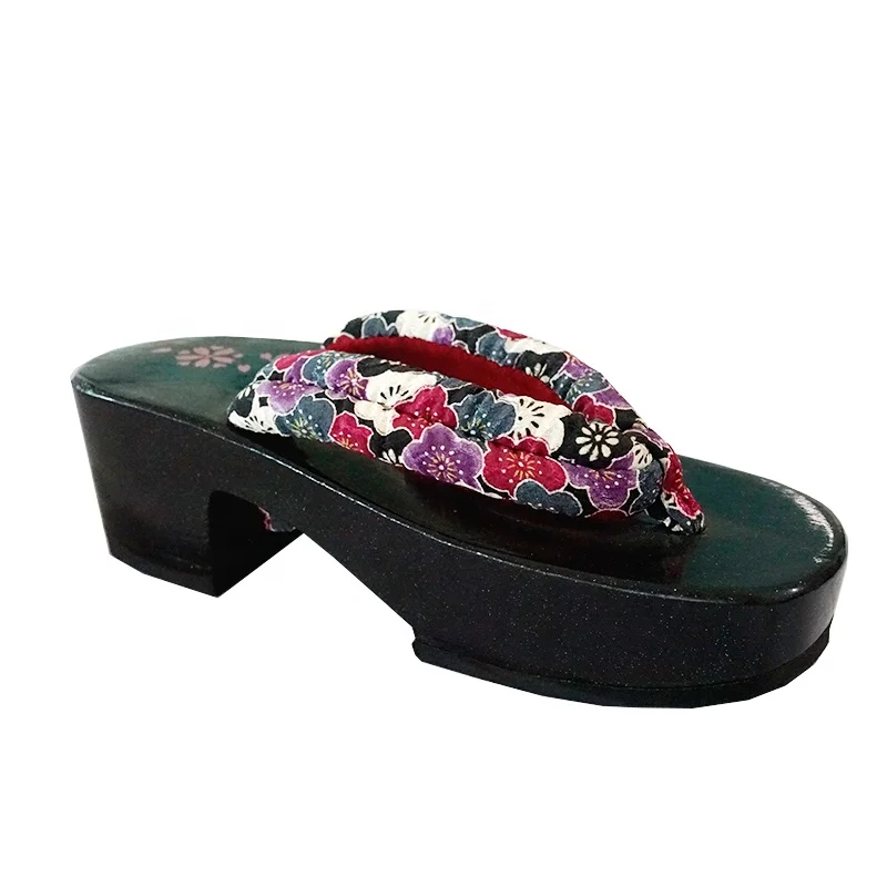 Colorful plum blossom flowers cotton belts upper reflective paint wood slippers for women