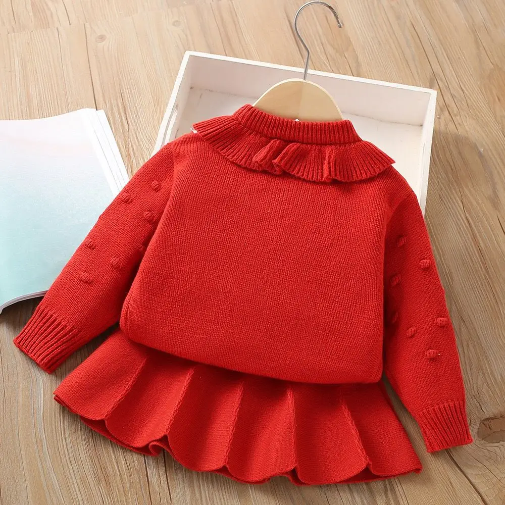 Toddler Girl Knitted Skirt Thick Needle Woolen Boutique Embroidery Two Piece Sweater Set Skirt