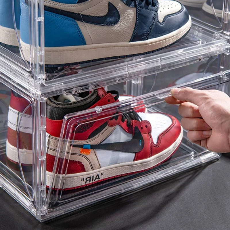 Ama Hot Selling Fashion Acrylic Plastic Magnetic Side Opening Stackable Folding Transparent Display Shoe Storage Box