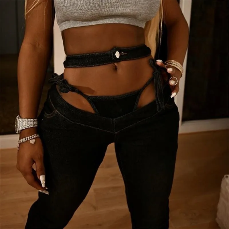 
New arrival high waisted V-WAIST design compression pants with pocke women denim jeans trousers 