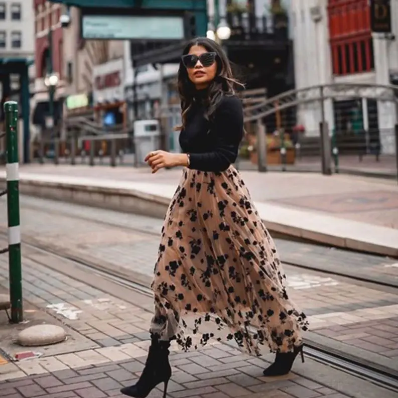 Elegant Casual Mesh Sexy Summer Maxi Sweet Latest Design Silky Winter Flowers Long Women High Waist A Line Elastic Tulle Skirt