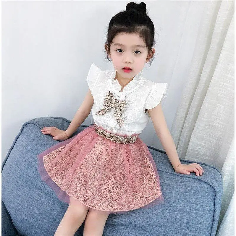 Hao Baby 2022 Summer Models Children Girls Boutique Clothing Sets Short-Sleeved Suit Kid Bow Knit Short Skirt Two-Piece Set