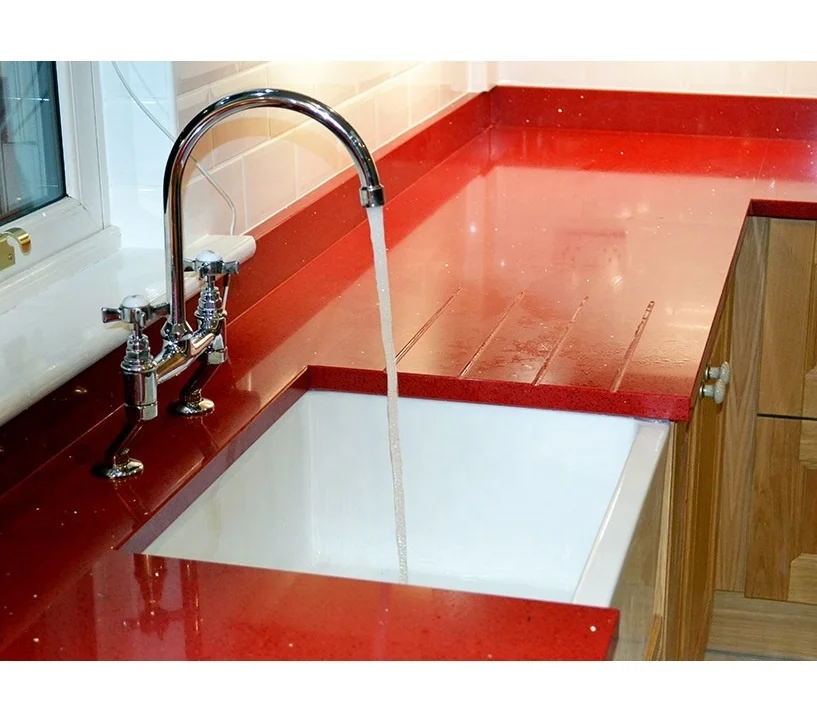 Modern Kitchen with Artificial Red Crystal Quartz Stone Countertop