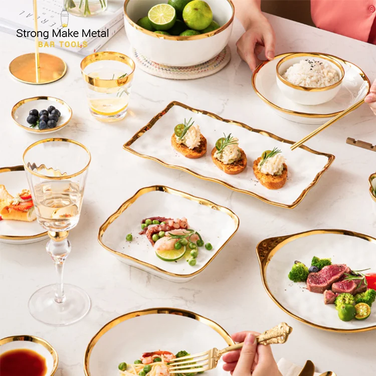 Hot sale Nordic color glaze marble gold rim dishes plate sets Crockery Tableware Porcelain ceramic dinner plate dinnerware