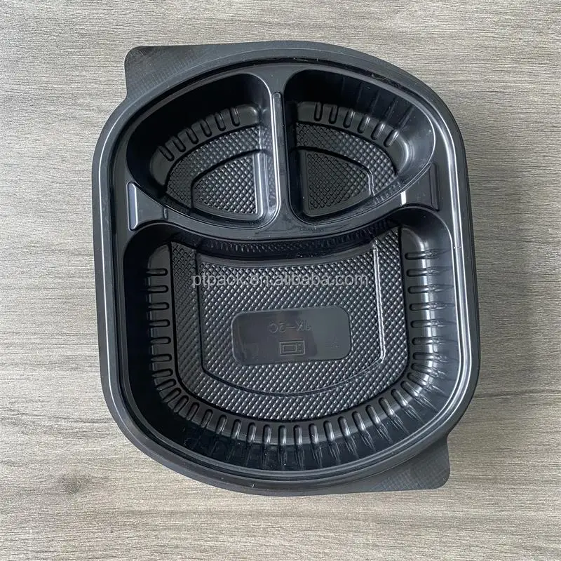 PTPACK Black Rectangular Meal Microwavable To Go Takeaway Disposable 1 2 3  Compartment Plastic Take Out Box Fast Food Container