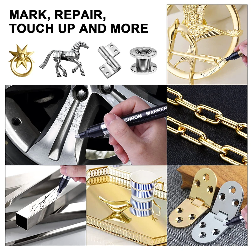 6Pcs Liquid Mirror Chrome Markers Silver & Gold Oil-based Permanent Chrome Mirror Paint Pens for  Marking or DIY Art Projects