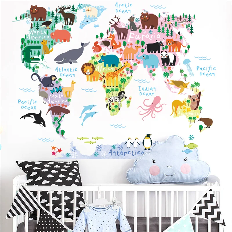 cartoon animals world map wall stickers for kids rooms office home decor pvc wall decals diy mural art posters decorations