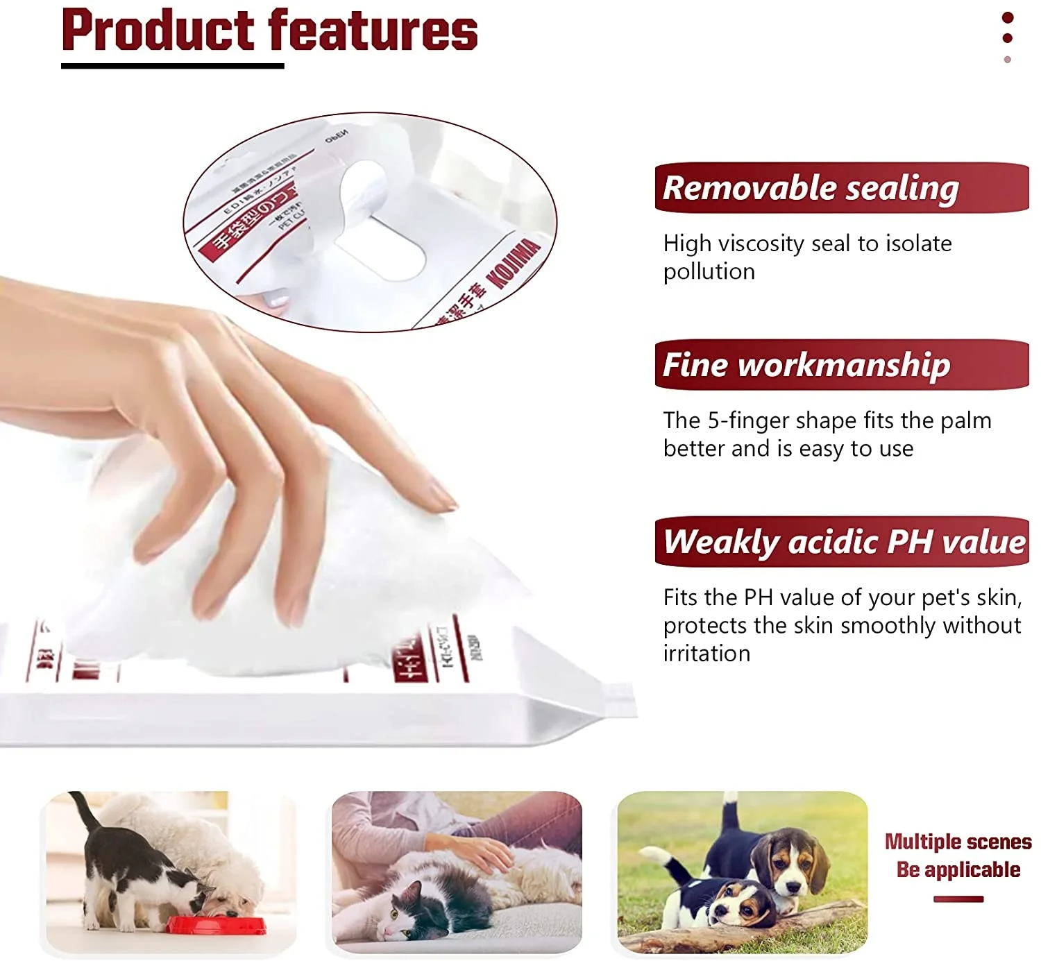 Disposable Hypoallergenic for Dogs Cat Deodorizing Cleaning Fur Paw Ear Five finger Pet Glove Wipes