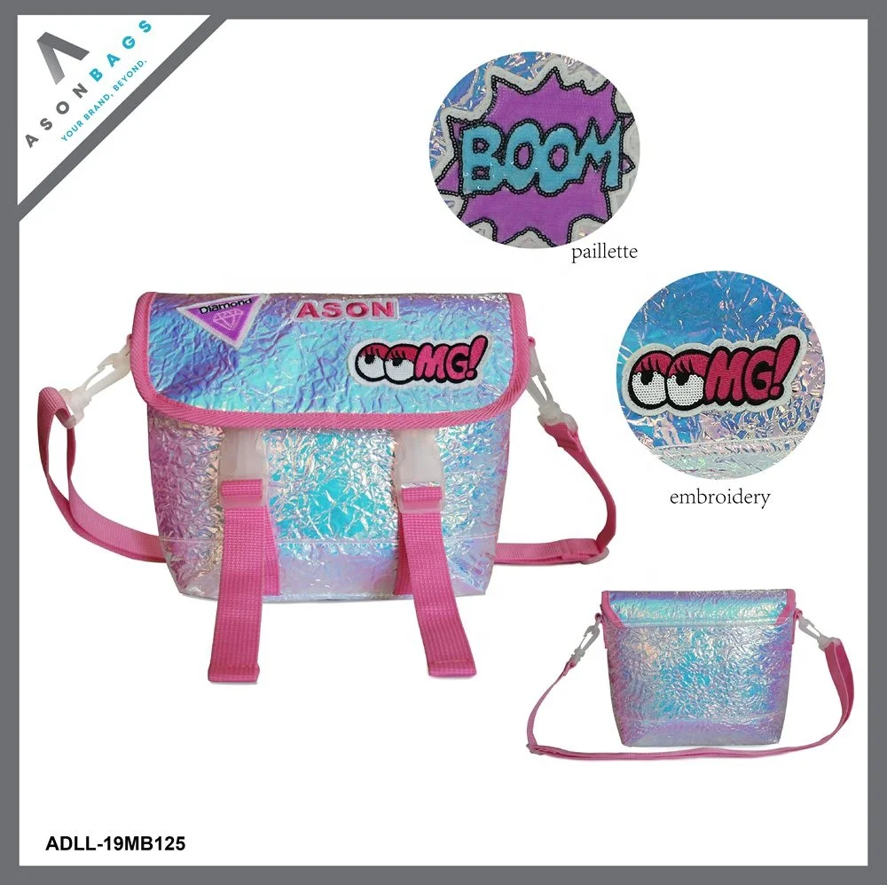 Iridescent fabric cute kids school shoulder bag