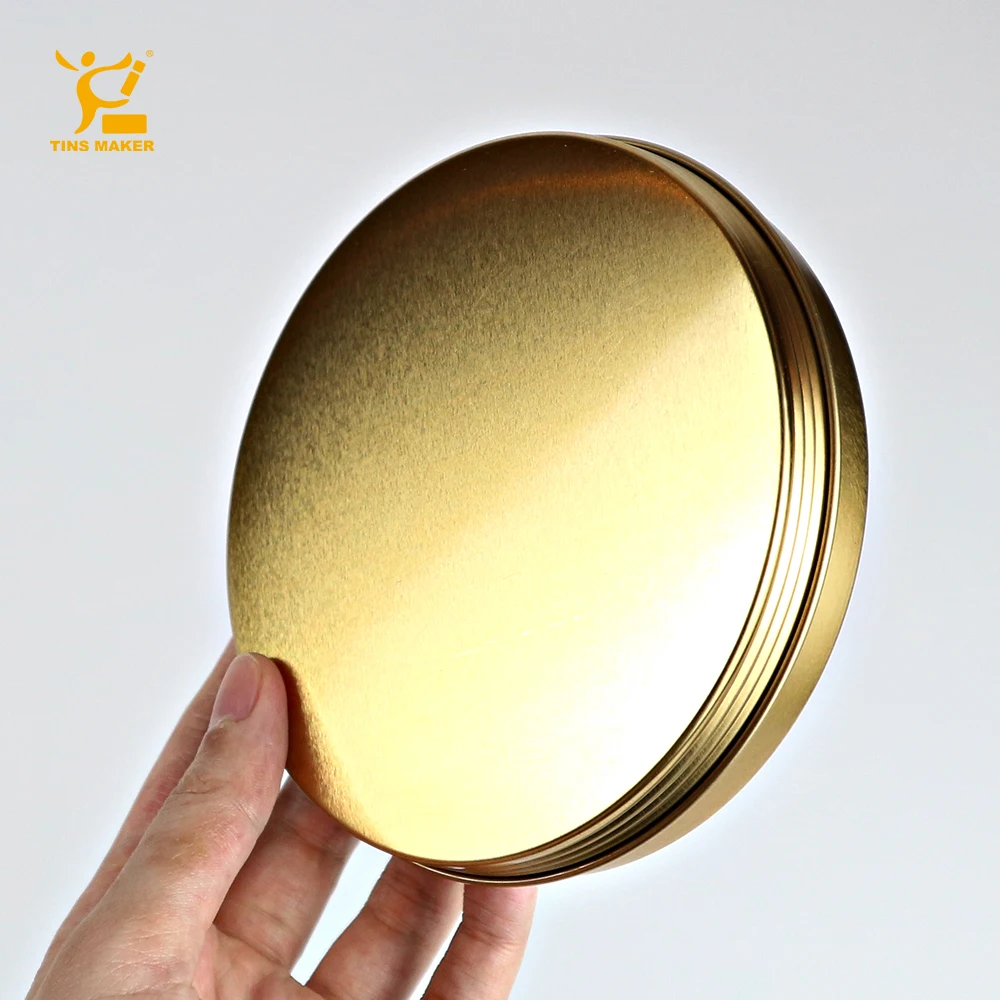 Eco friendly custom seamless print round metal box tin can 4oz gold black food grade candy tea aluminum tins