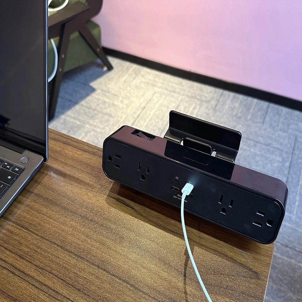 US CA Best selling 4USB Electrical Clamp Mounted Desktop Power Strip with phone holder for office
