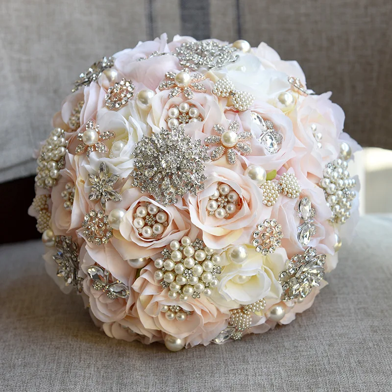 Gorgeous Satin Roses Crystals Embellished Artificial Flowers Bridal Wedding Bouquet