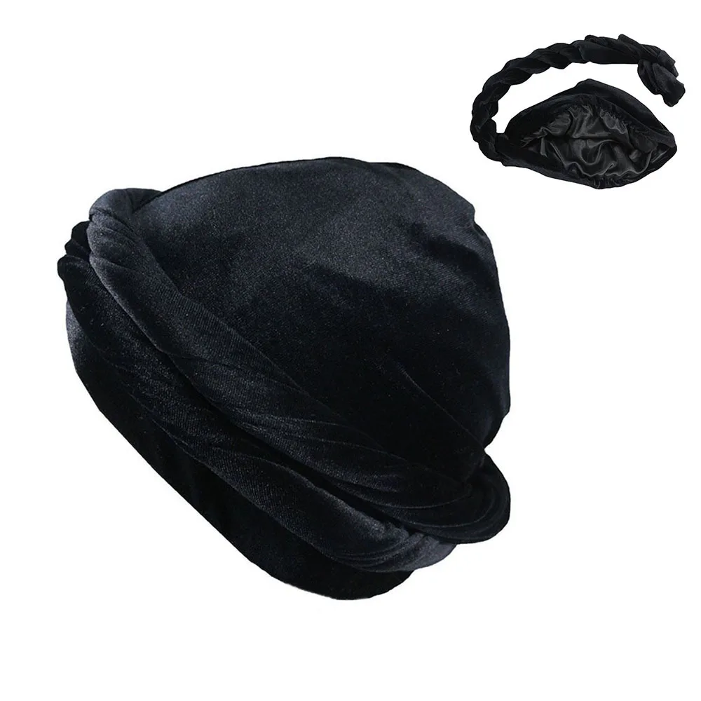 YOMO Satin Silk Lined Velvet Dreadlocks Halo Turban Head Wrap Skull Cap for Men and Women Sleeping Bonnet Chemo Hat
