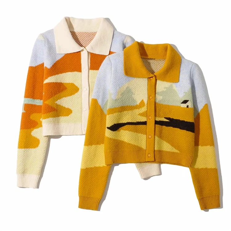 Китайский новый модный дизайнерский кардиган с разноцветным рисунком, Дамский жаккардовый гобелен в стиле Харадзюку, вязаный свитер на заказ (1600262449740)