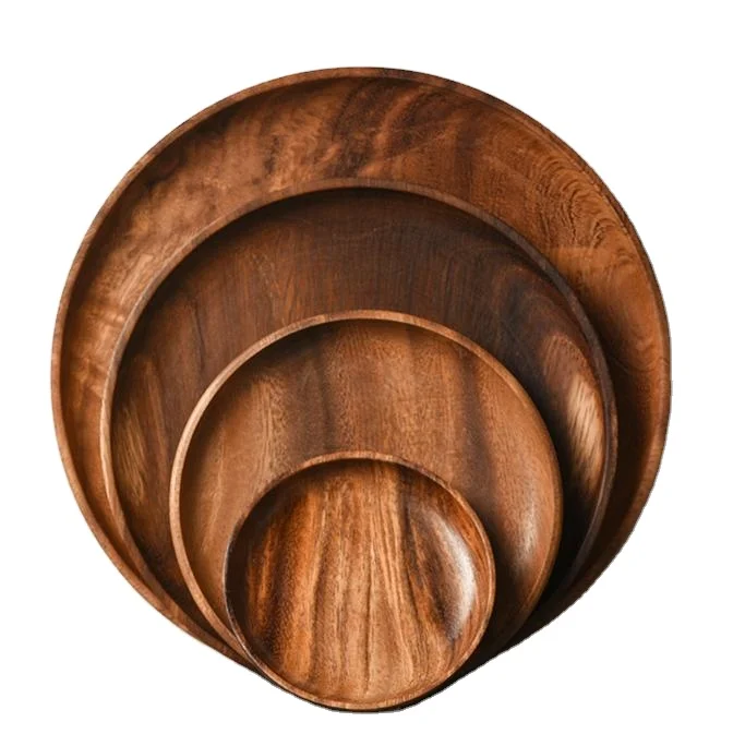 Wholesales High Quality Acacia Wood Round Plate Wooden Fruit Salad Dinner Plate Acacia Wood Plate Dishes