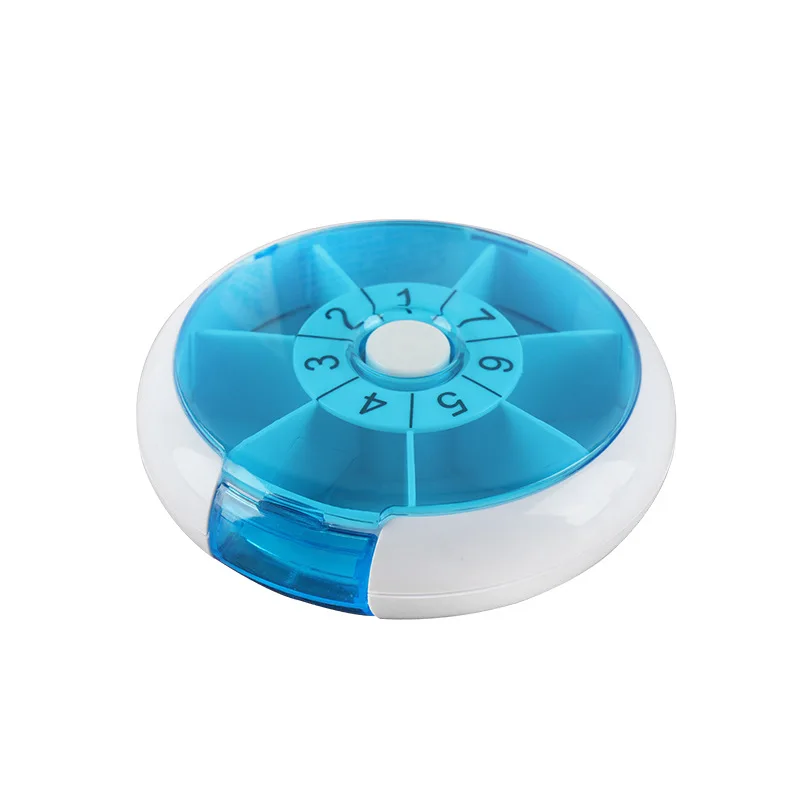 High Quality Round Lucky Wheel Fun Portable 7 Days Dispenser Carrying Pill Box with Week Display Pill Box